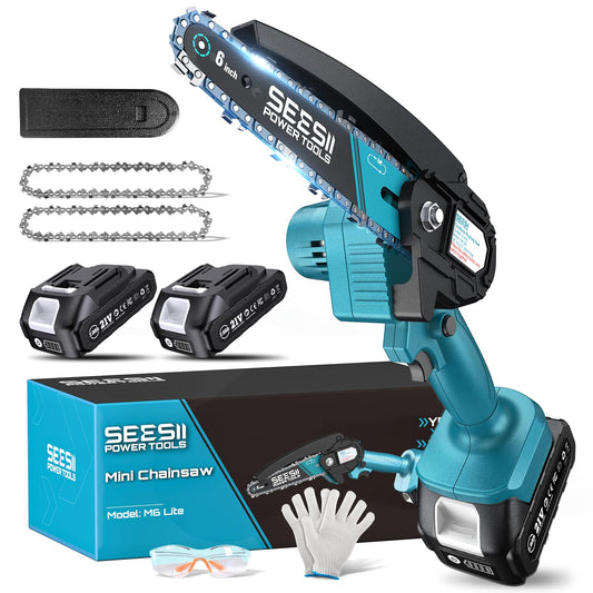 Seesii Mini Chainsaw, 6-inch Mini Chainsaw Cordless, Handheld Electric Power Chain Saw with 2 Batteries, for Tree Trimming Wood Cutting, Best Gifts for Father, Dad, Husband, Men