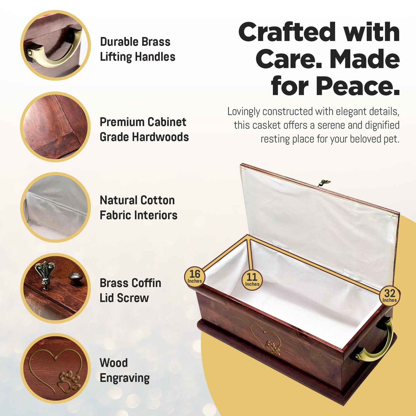 INTERWOOD Solid Wood Pet Casket - Natural Biodegradable Burial Coffin for Dogs & Cats, Handcrafted Hardwood Memorial Box with Secure Handles, Large 32 x 16 x 11 in Interior