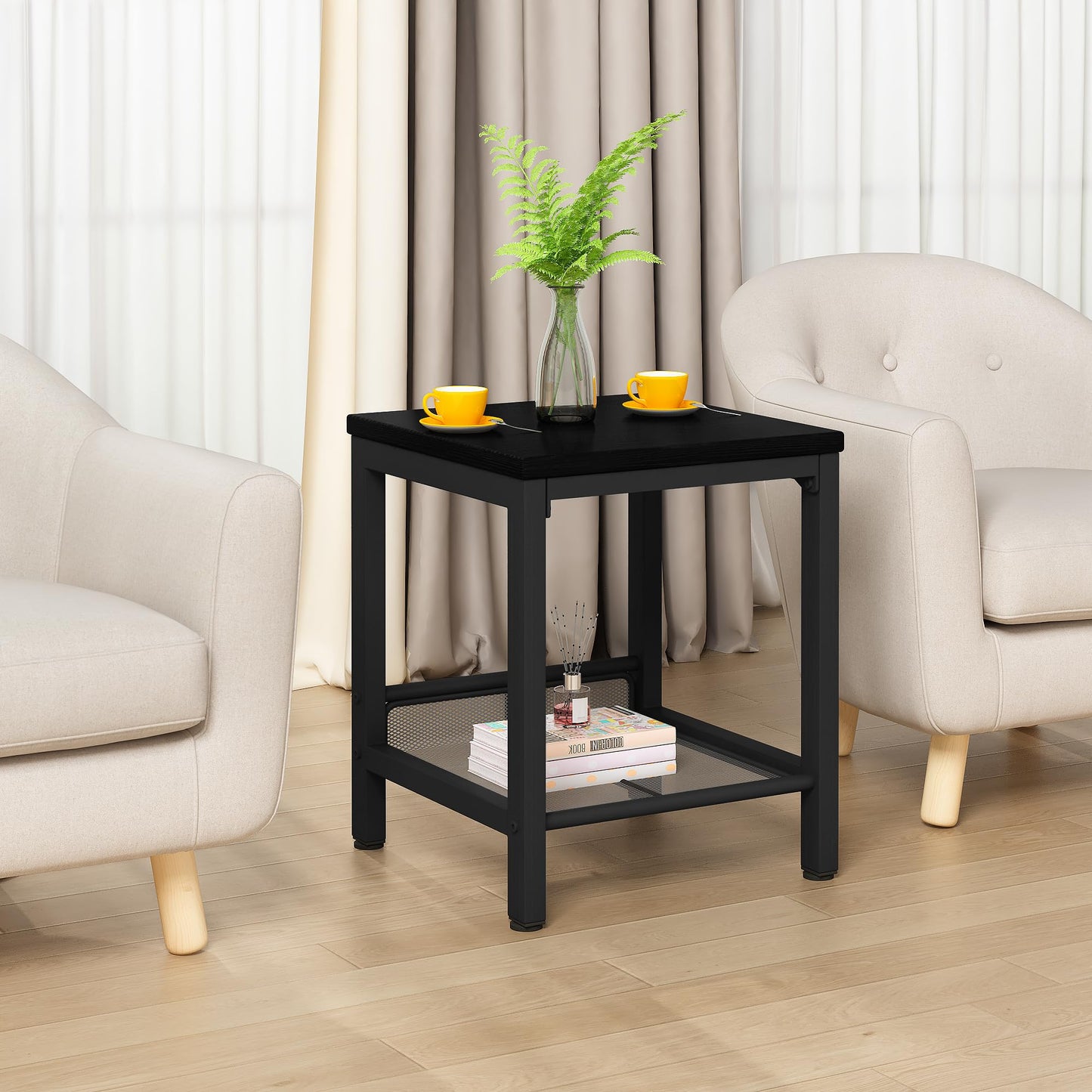 furlinkhm Coffee Table Set of 3, Industrial Coffee Table with 2 Square End Side Tables, Modern Living Room Table Set, with Metal Frame, for Apartment Home Office, Black
