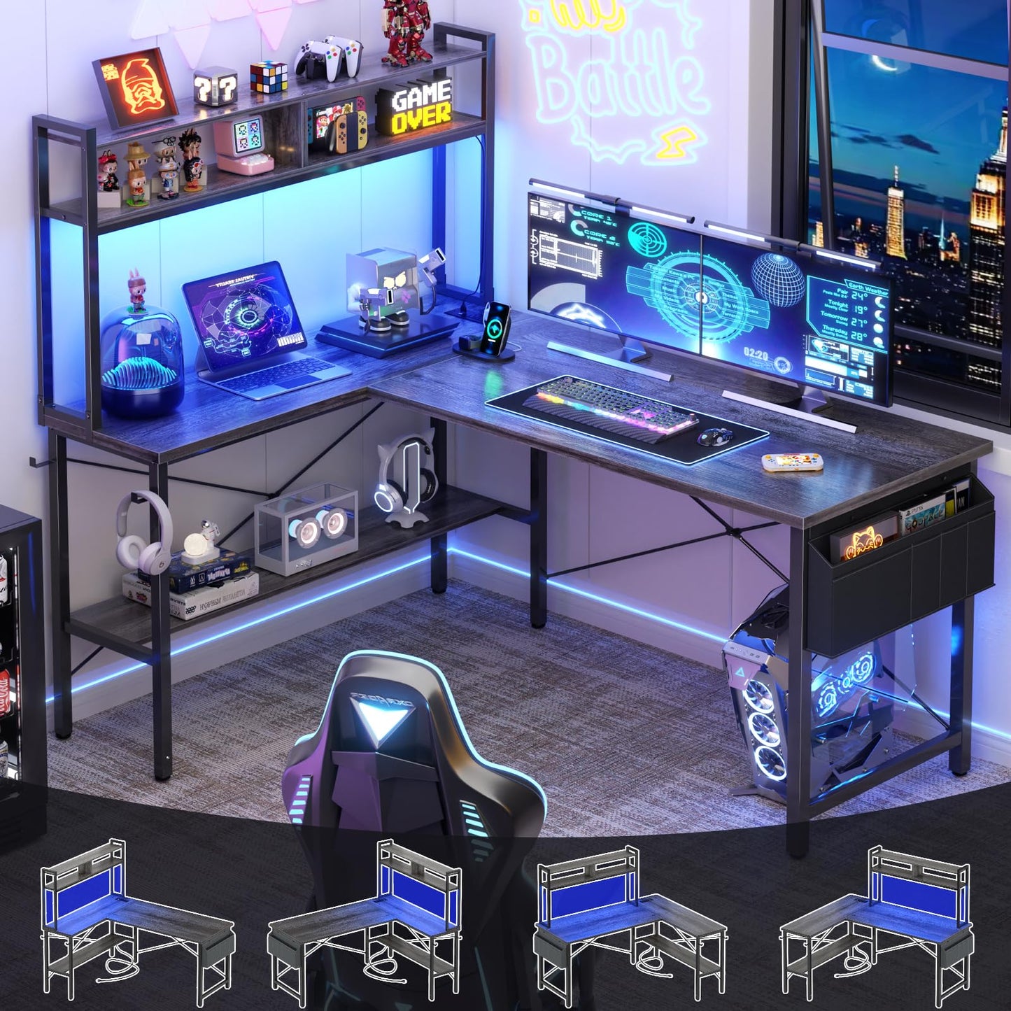 Aheaplus 59" L Shaped Desk Gaming Desk with LED Light & Power Outlet