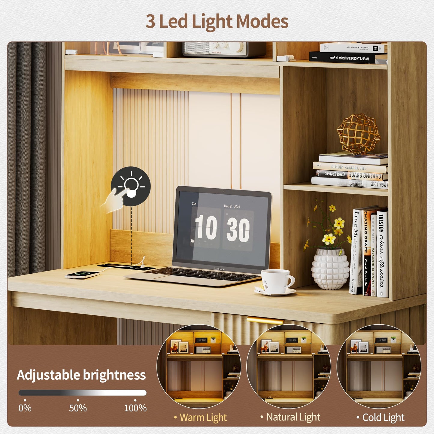 FREDEES LED Study Desk with Hutch, Home Office Desk with Charging Station & Storage Drawer, 70'H Writing Table with Glass Display Cabinet, 3 Color Light Computer Desks for Study, Wood