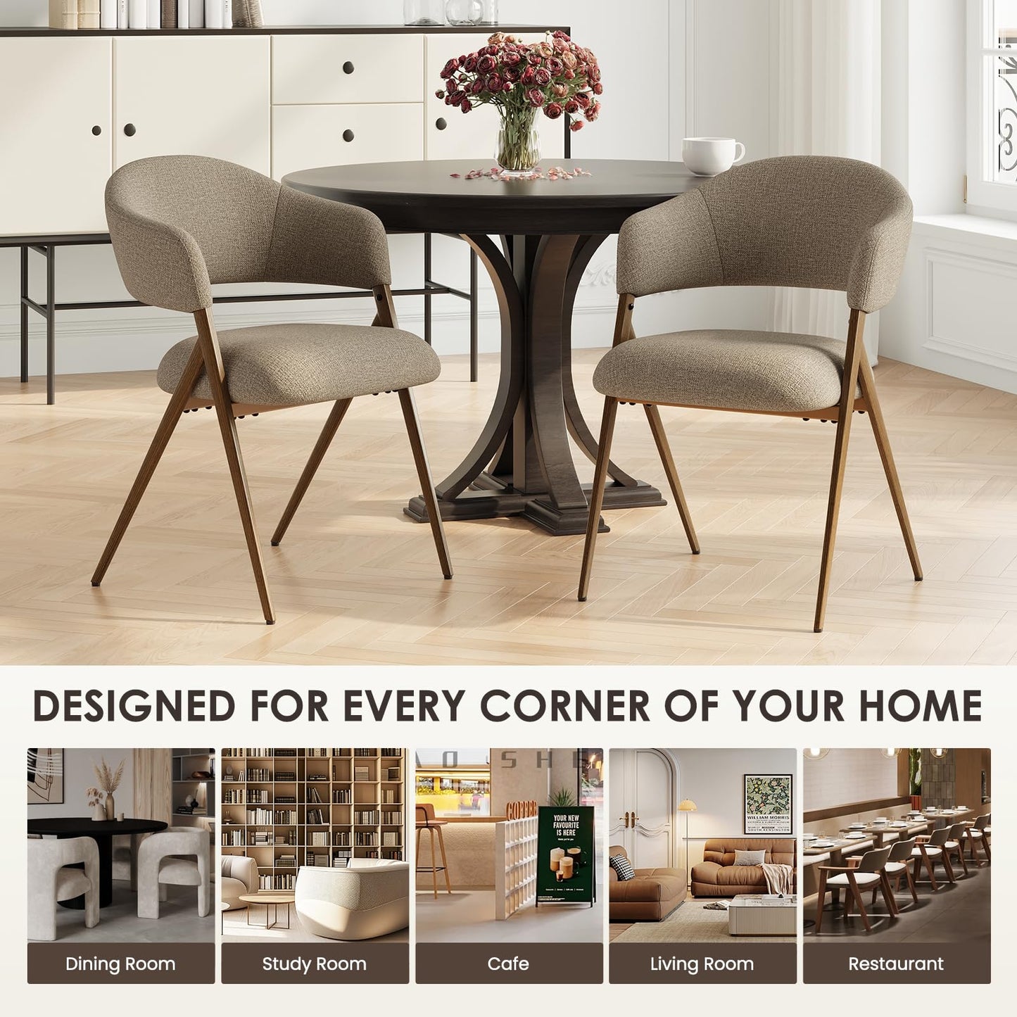 COLAMY Dining Chairs Set of 6, Mid Century Modern Dining Room Kitchen Dinner Chairs with Iron Legs, Open Back and Padded Seat, for Living Room/Bedroom/Restaurant/Cafe, Taupe