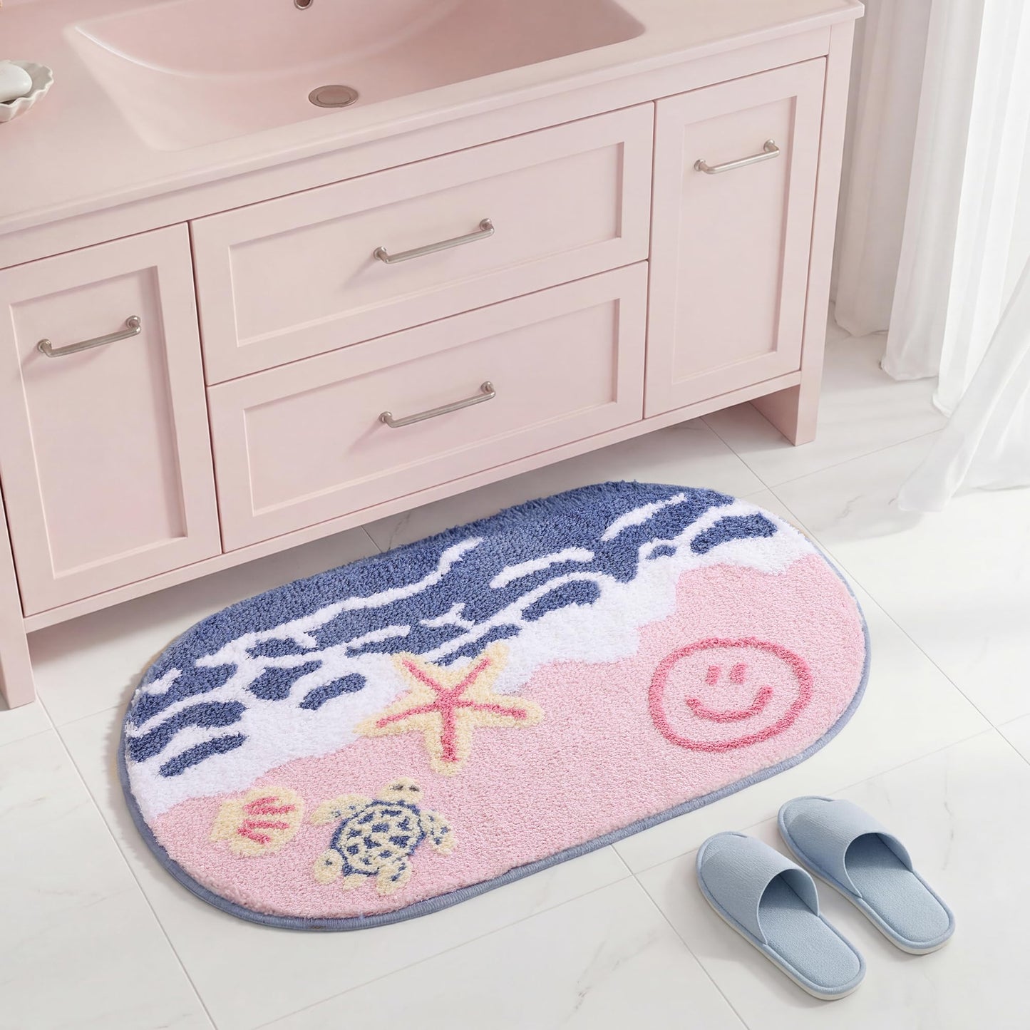 TRUEDAYS Beach Bath Mat - Soft Absorbent Non Slip Bath Mat, Cute Ocean Coastal Bathroom Decor Rug, Fun Bath Rugs for Bathroom Bedroom Decor 30x20 Inches