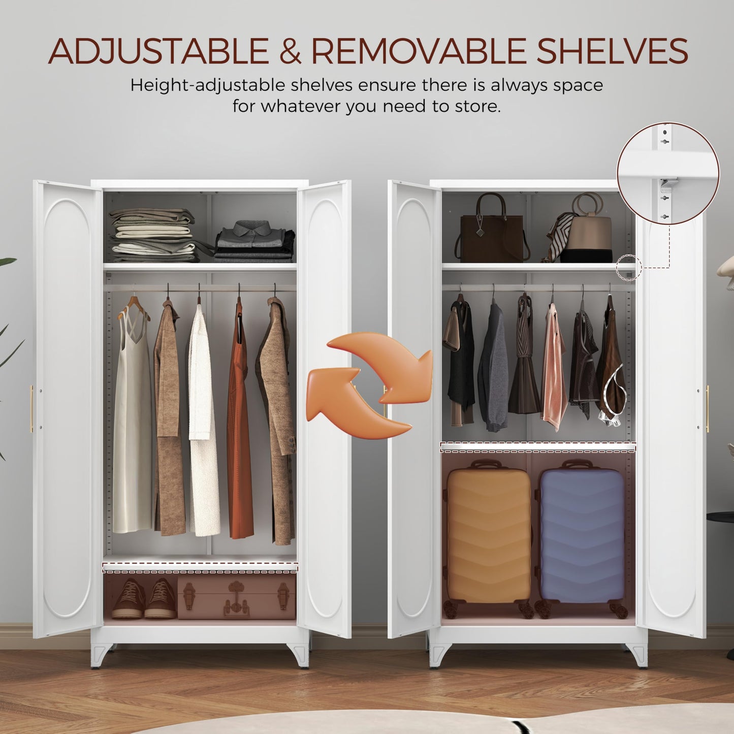 Kubohogar 71" White Wardrobe Closet with 2 Doors, Metal Armoire Wardrobe Cabinet with Hanging Rod and Adjustable Shelves, Clothing Storage Cabinets for Bedroom, Laundry Room, Home Office
