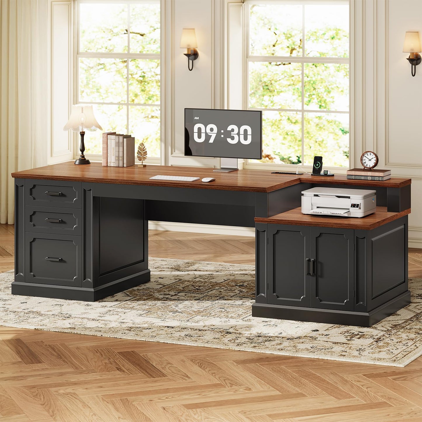SEDETA Farmhouse 70.9" Executive Desk, Home Office Desk with File Drawers and Storage Cabinet, Computer Desk with Power Outlet for Home Office, Work Study Writing, Black+Brown