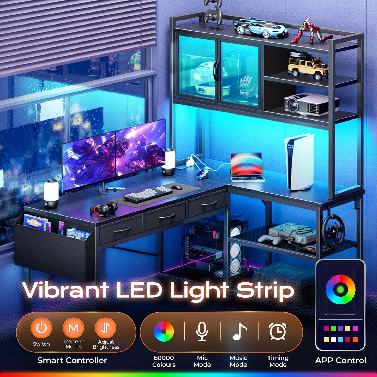PRAISUN 57.5" Reversible L-Shaped Desk with LED Lights & Power Station