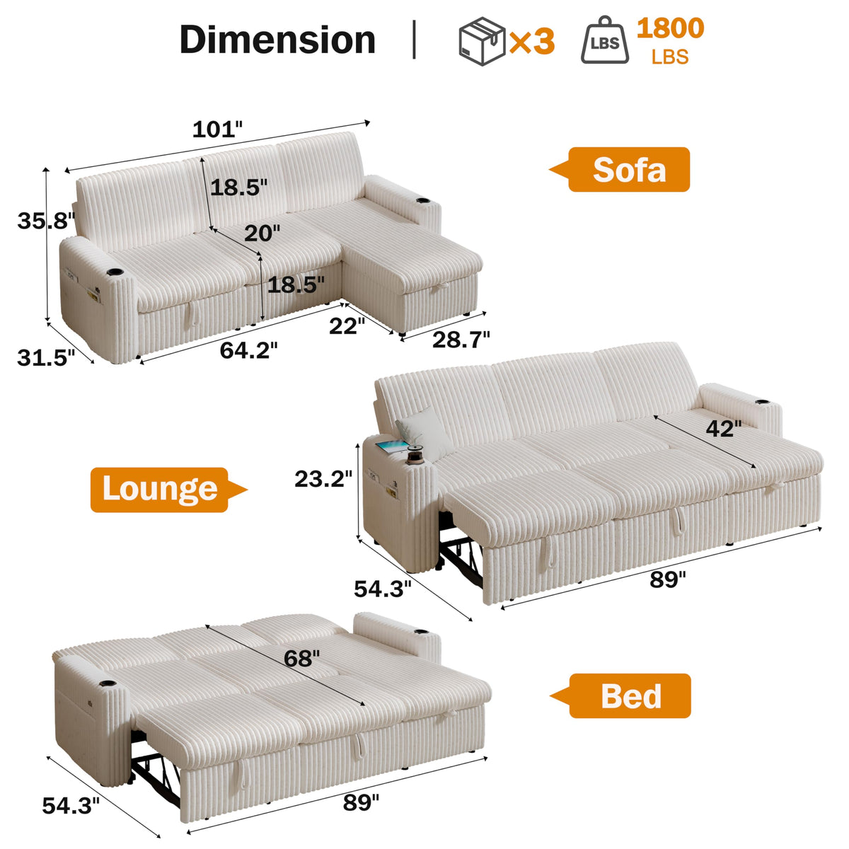 Sunny Heart 101" Plush Corduroy L Shaped Sectional Sleeper Sofa Bed with Pull Out Bed, Reclining Backrest, Reversible Storage Chaise, USB Ports, Cup Holders, Tool Free Assembly, Beige