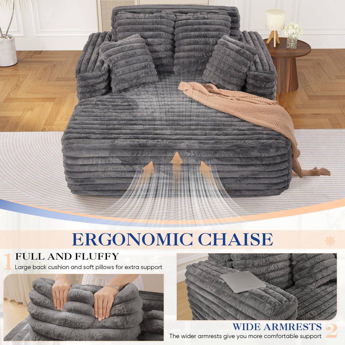 60.75" Oversized Chaise Lounge Indoor, Modern Plush Faux Fur Fabric Deep Seat Boneless Memory Foam Sleeper Chaise Lounge Sofa Chair with Pillows for Living Room Bedroom Studio, No Assembly Couch, Grey