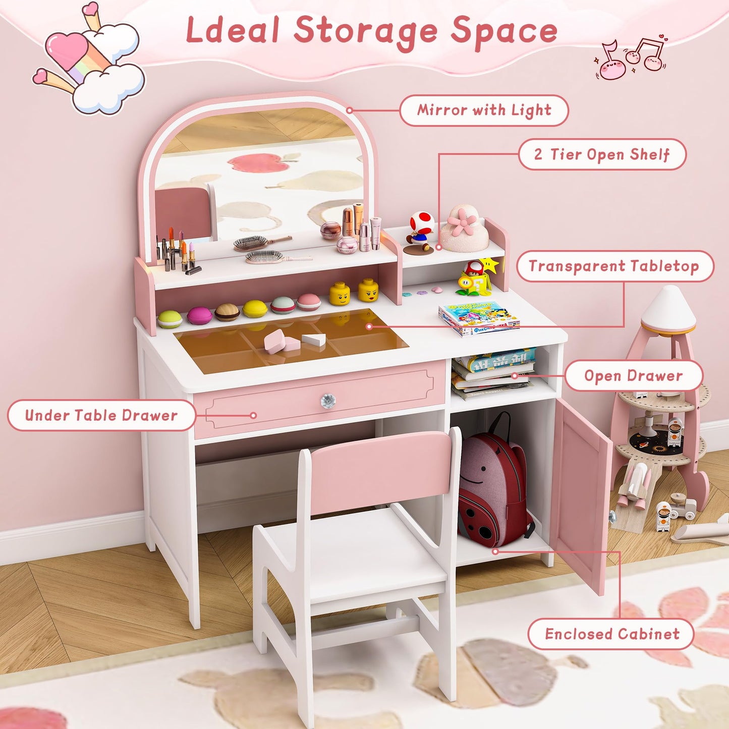 Vavkorkula Kids Vanity Set, Toddler Dresser Small Vanity Desk with Mirror and Lights for 3-8 Years Old, Wooden Dressing Table Kids Makeup Vanity Organizer Sets for Girls, Pink