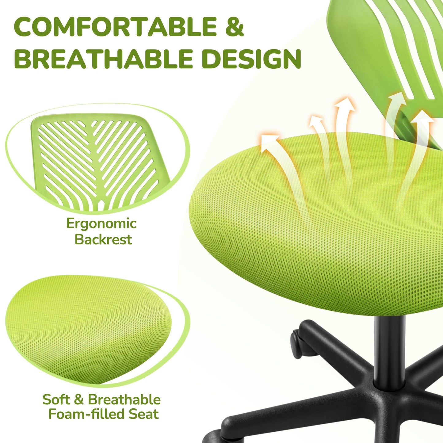 Yaheetech Kids Cute Desk Chair Armless Small Computer Chair with Lumbar Support for Teens Low-Back Bedroom School, Green