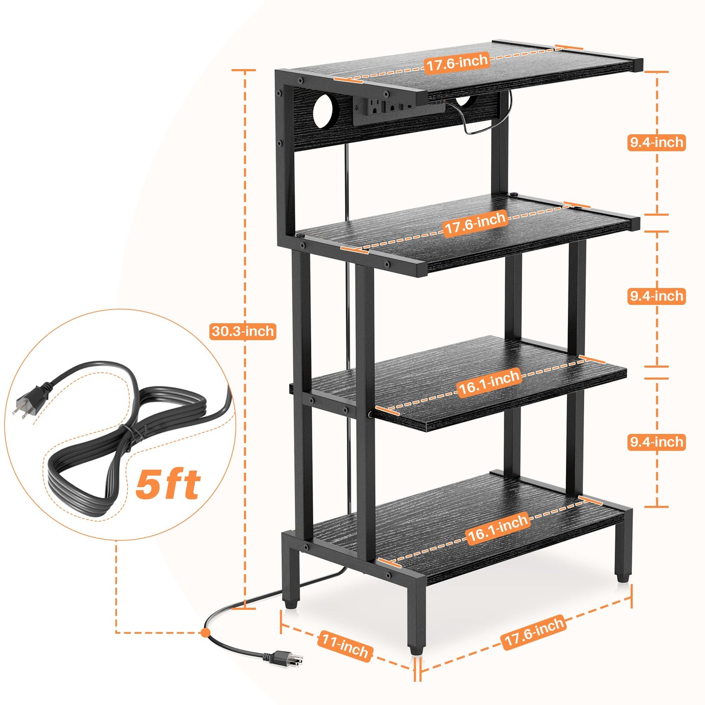 Aquzee Game Console Shelf, 4-Tier Video Gaming Consoles Stand with Outlet & RGB Light, Small Media Entertainment Center for Audio Stereo Storage Organizer Playroom Furniture, Stereo Stands and Racks