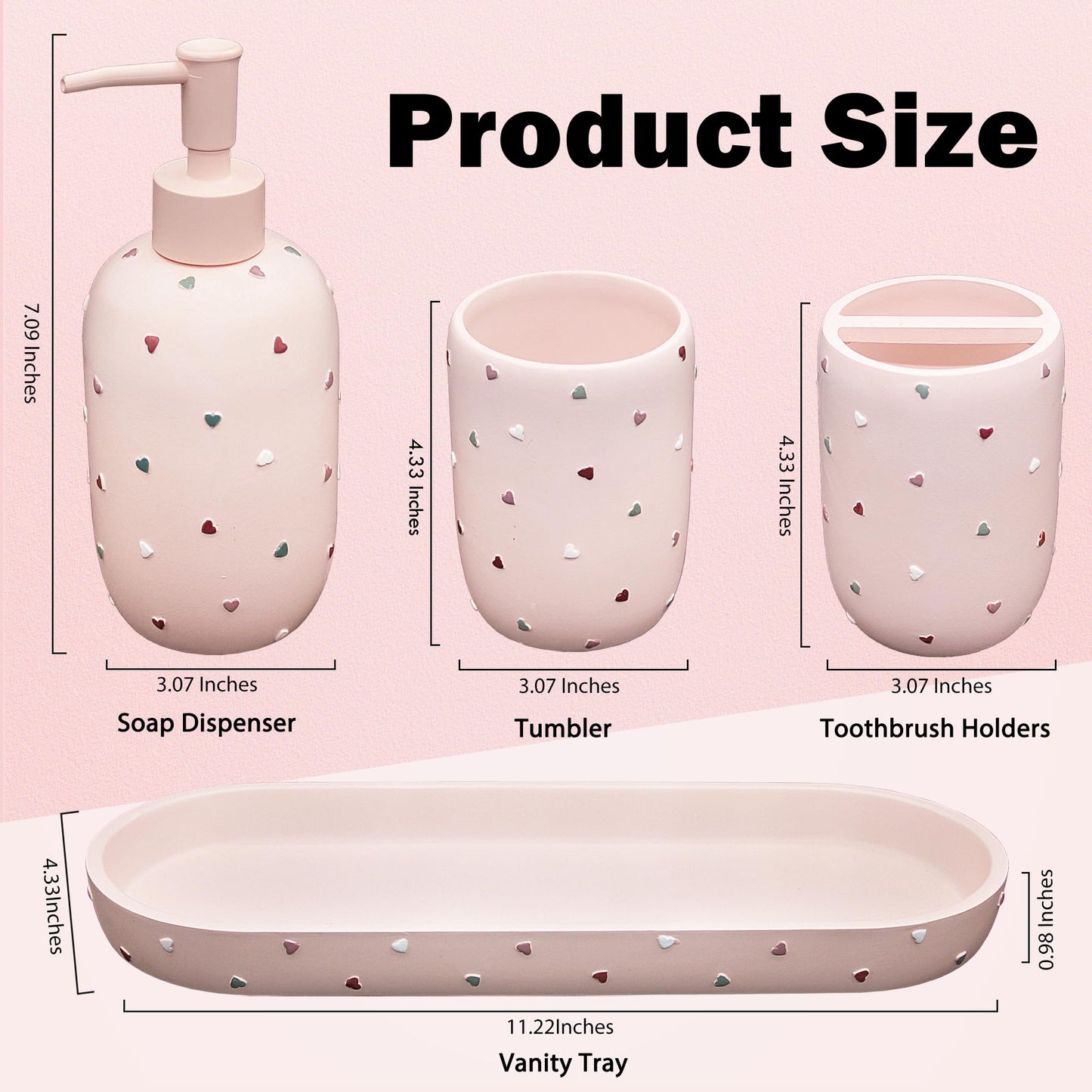 Bathroom Accessories Sets 4-Piece, Premium Pastel Heart Bathroom Accessory Complete Set - Toothbrush Holder, Lotion Soap Dispenser, Vanity Tray, Bathroom Tumbler for Countertop Vanity (Pink)