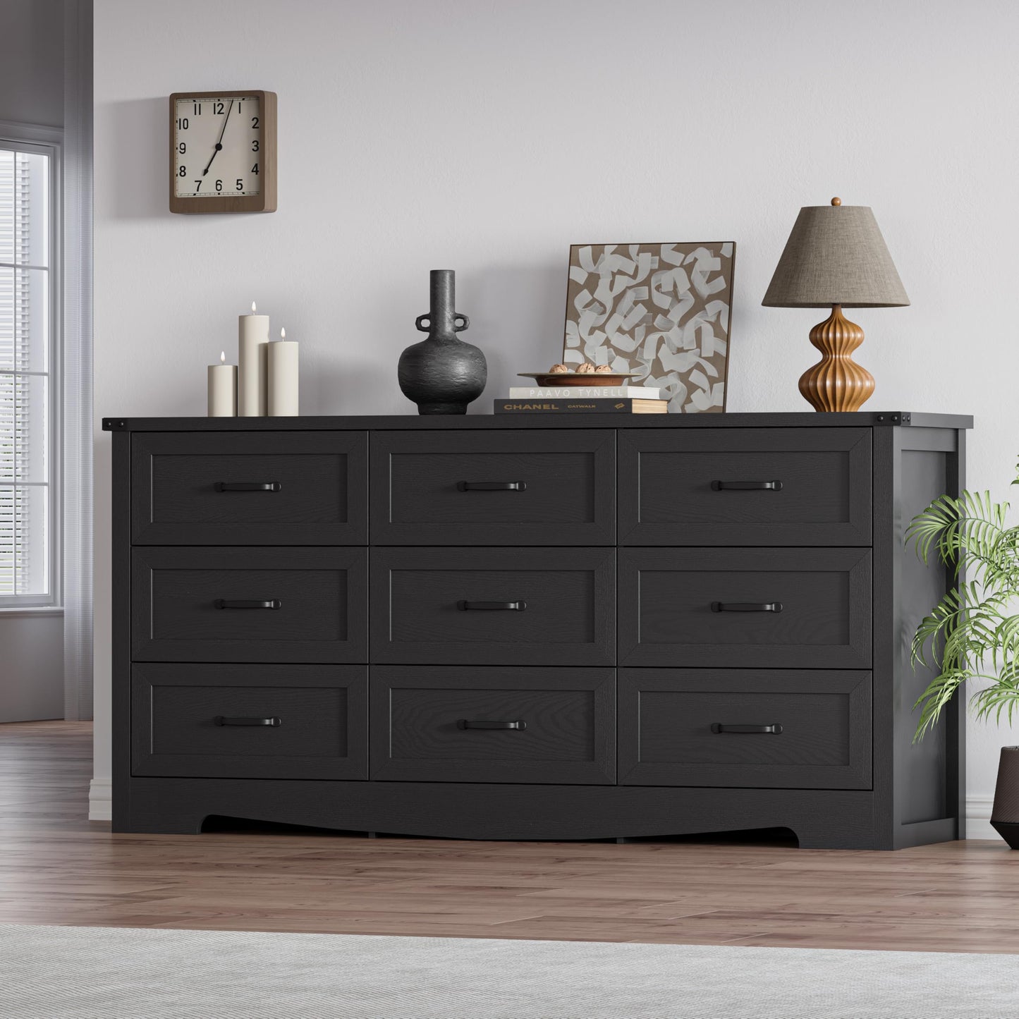 Thacuok Black Dresser for Bedroom, 59'' Wide Chest of Drawers with Natural Wood Texture, 9 Drawer Dresser for Closet with Metal Handles, Sleek Storage Solution for Living Room, Office, Hallway