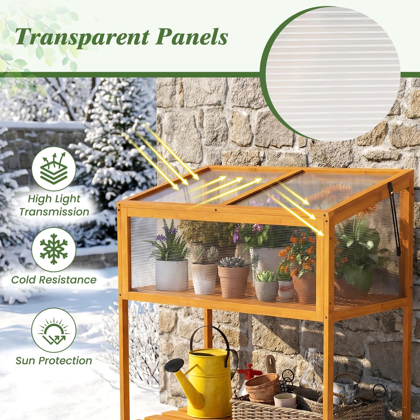 Giantex Wood Cold Frame Greenhouse, Raised Flower Planter Protection with Transparent Openable Roof & Slatted Shelf, Indoor Outdoor Hot House for Garden Balcony, 36”x20”x42”