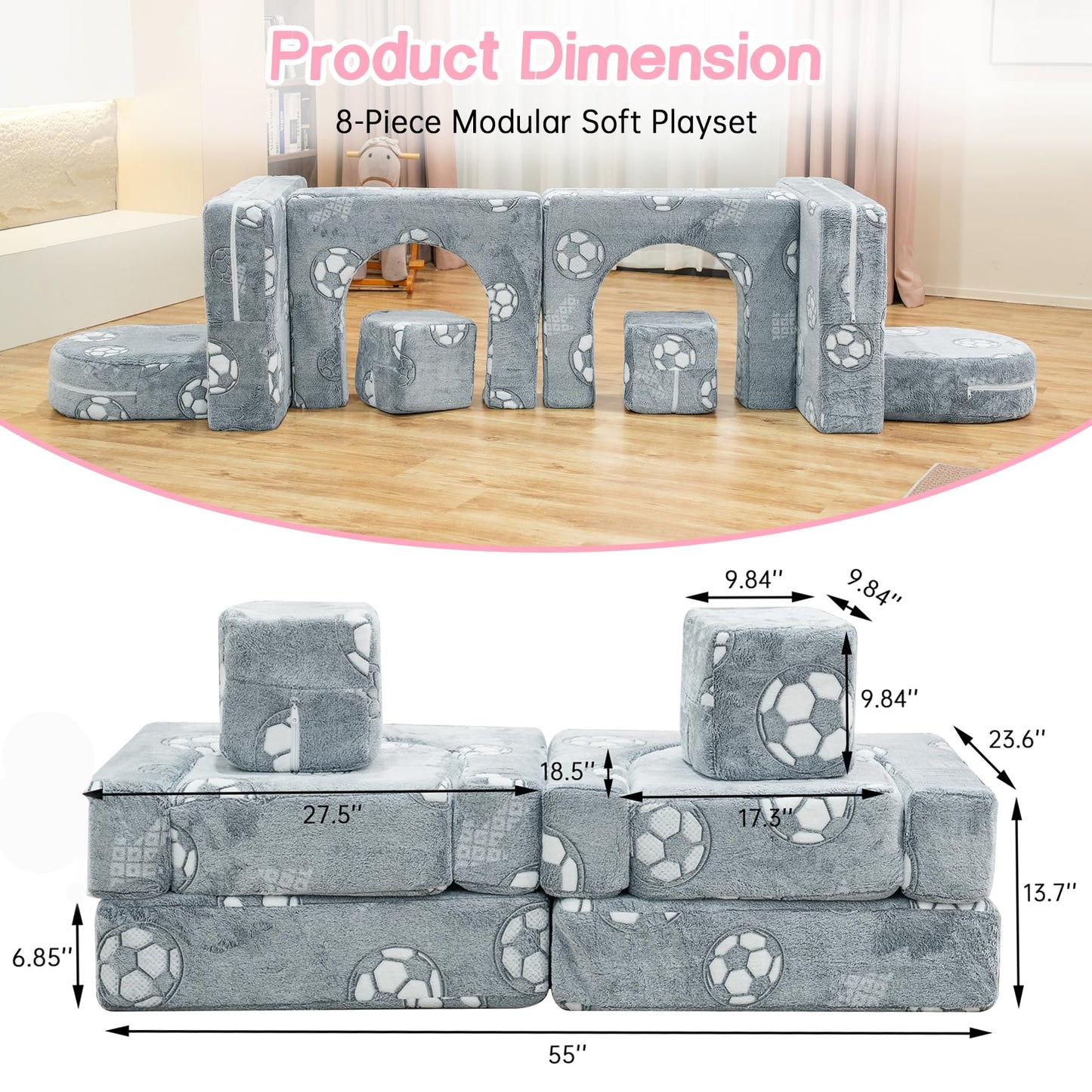 furlinkhm Modular Kids Play Couch, Kids Couch for Playroom Bedroom, Glow in The Dark, 5 Seconds Instant Expansion, Glowing Football, Grey