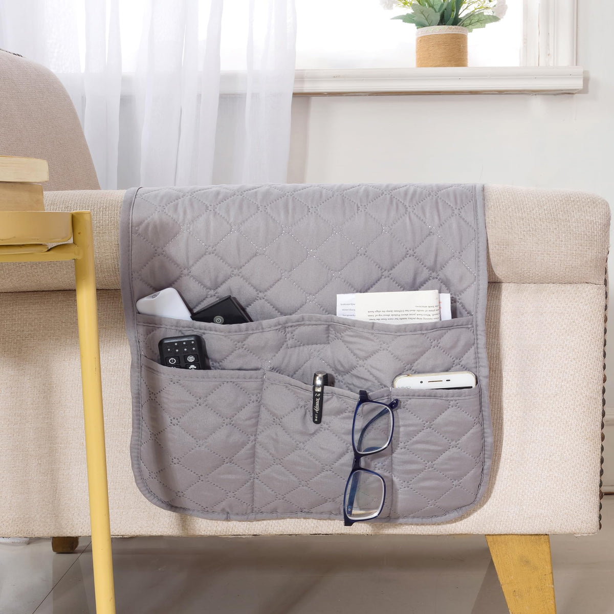 Armchair Caddy for Couch Remote Control Holder with 4 Pockets, Grey 1 Pack