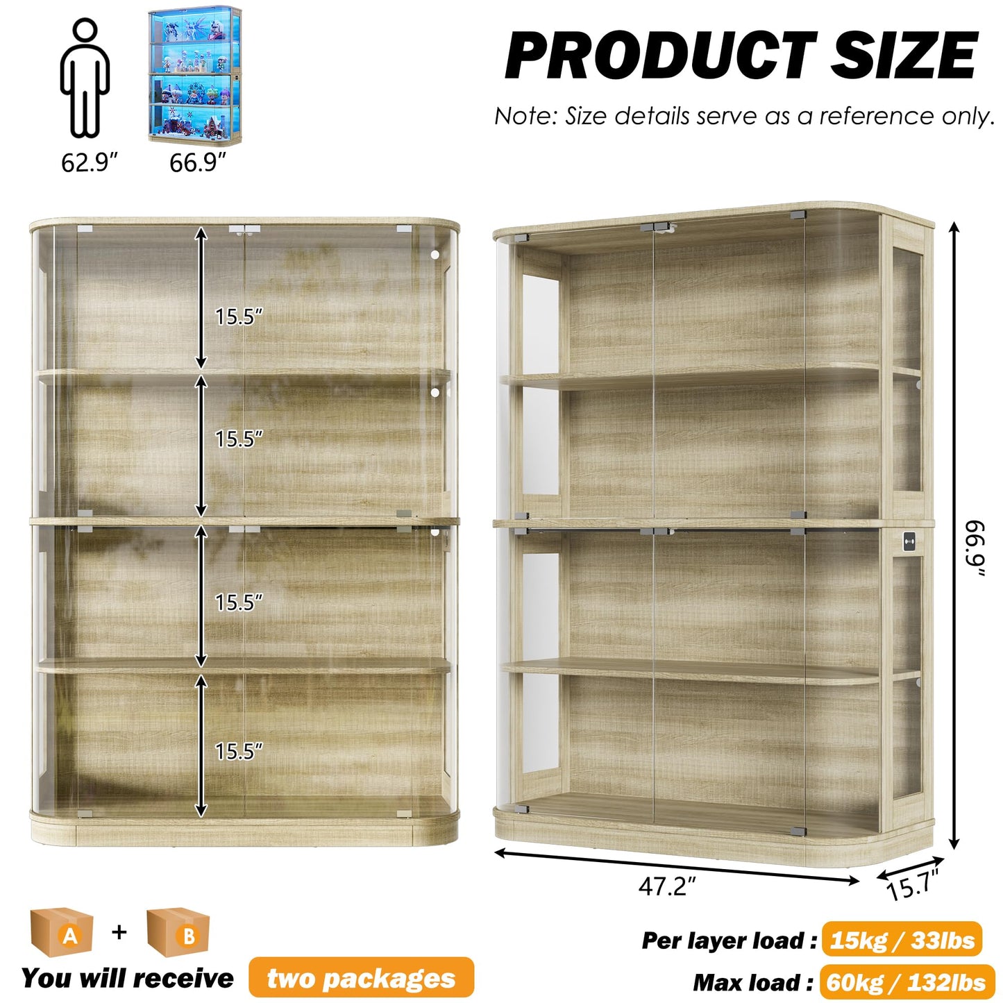 PAKASEPT 47.2" Large Rounded Display Cabinet with Glass Doors, 4-Tier Curio Cabinet Storage Case with LED Lights & Press-to-Open Doors, Modern Display Shelf for Collectible,Human Body Sensor (2)