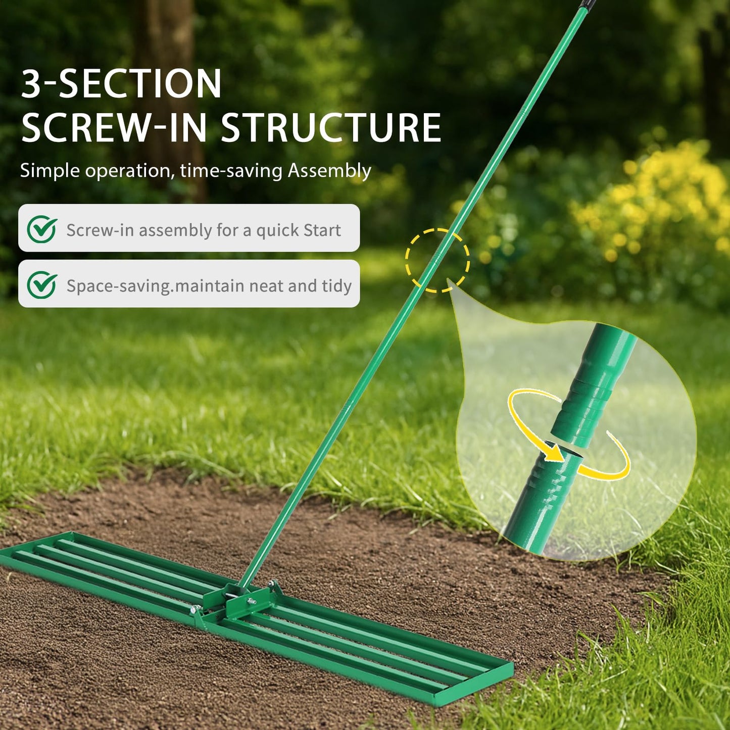 VINGLI Iron Lawn Leveling Rake 36in for Soil Sand Composs, Extended Handle, 180°Rotation Head, with All Handwares, for Yard Garden Golf Field, Green (36in)