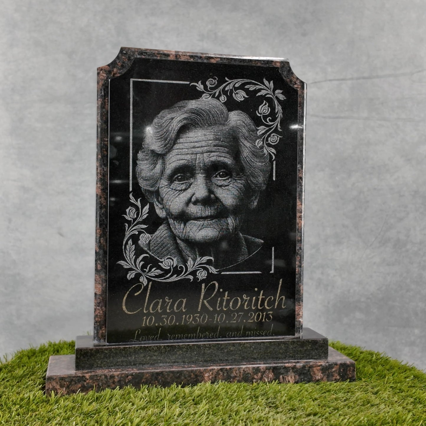 Granite Headstone for Cemetery – Upright Black Memorial Monument with Base – Classic Polished Religious Grave Marker – Custom Engraving, Durable Outdoor Use, 19" Vertical Plaque (Brown)