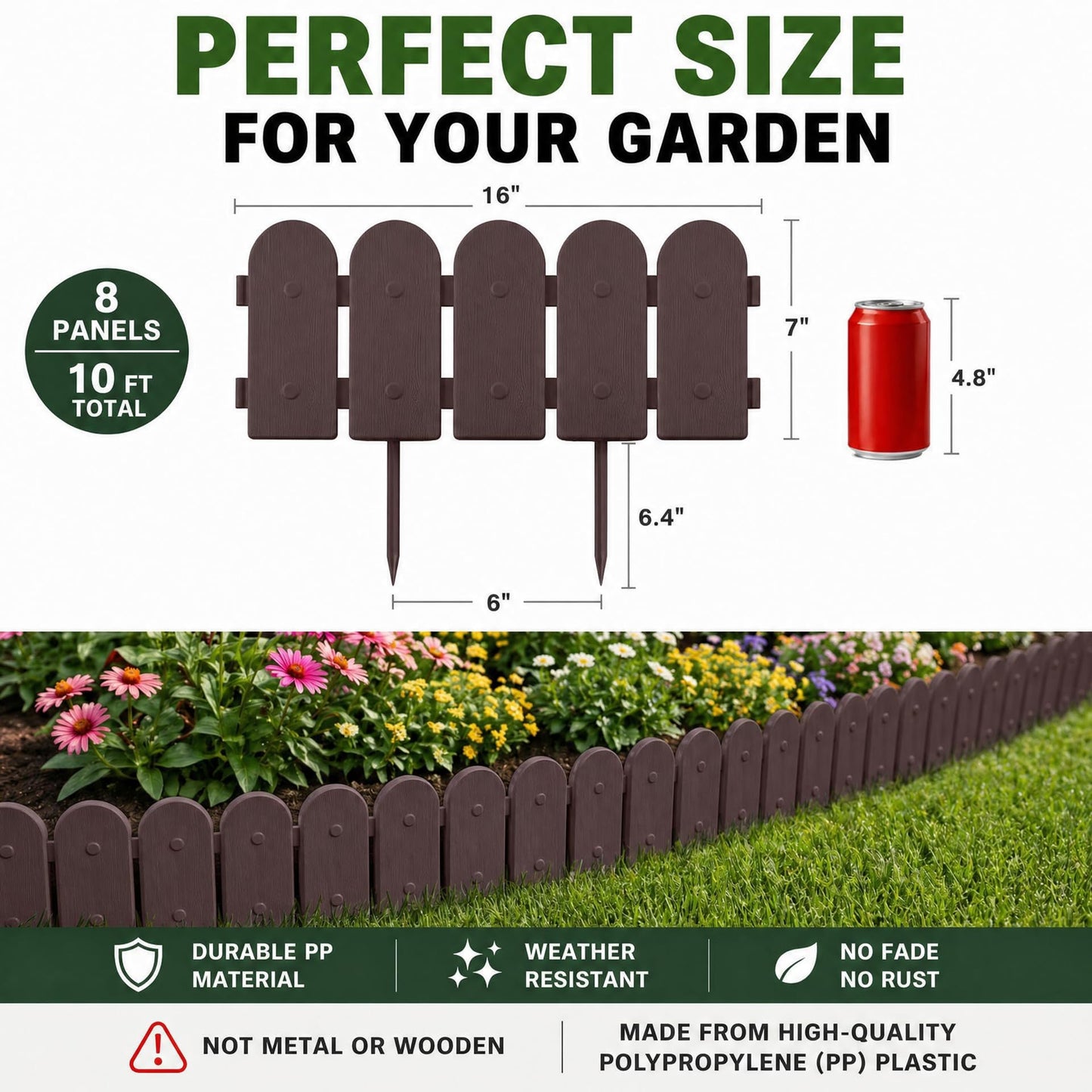 Evelyne Garden Border Plastic Edging: Wooden Fence Design - 8pcs Brown Yard Landscaping Fence Liner Lawn Edge Barrier - 10ft Kit of Decorative Lawn Panels Elements -Landscaping Edging-GMT-10374-A08