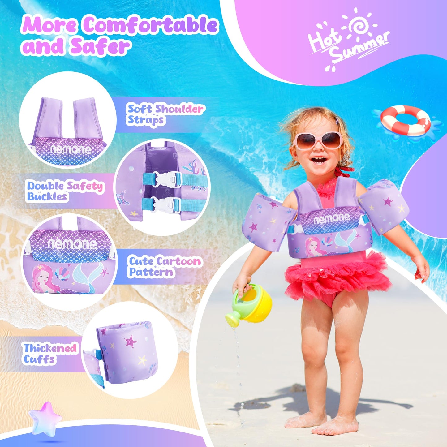 NEMONE Toddler Swim Vest for 22-70 lbs Kids Floaties Swim Jacket with Arm Water Wings for Girls Boys 2 3 4 5 6 10 Years Old Sea Beach Pool (Purple Mermaid)