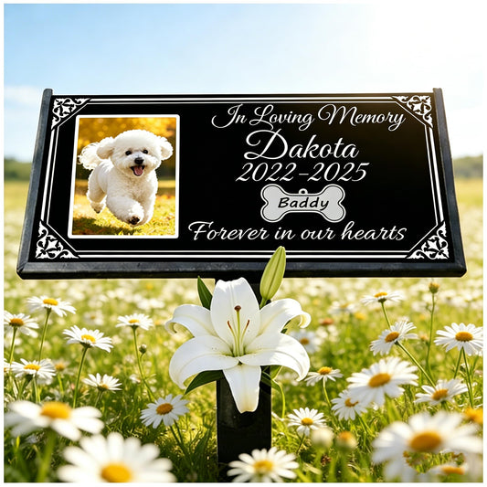 FDESJG Personalized Dog Headstone with Photo - Black Granite Pet Memorial Stone, Custom Engraved Grave Marker for Dogs Cats, Waterproof Outdoor Pet Memorial Plaque for Garden (Colored Ceramics)