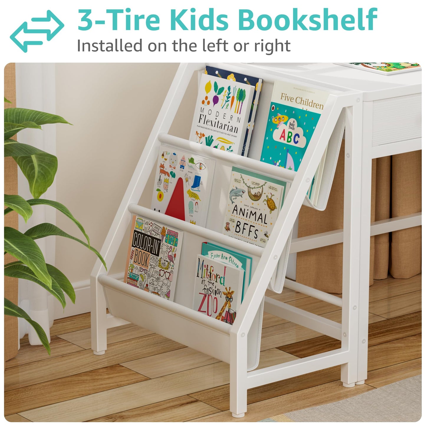 MomZi White Kids Desk and Chair Set for 5-8 Year Old Girls Boys, Small Child Desk with Bookshelf, Children Study Table with Fabric Drawer and Storage