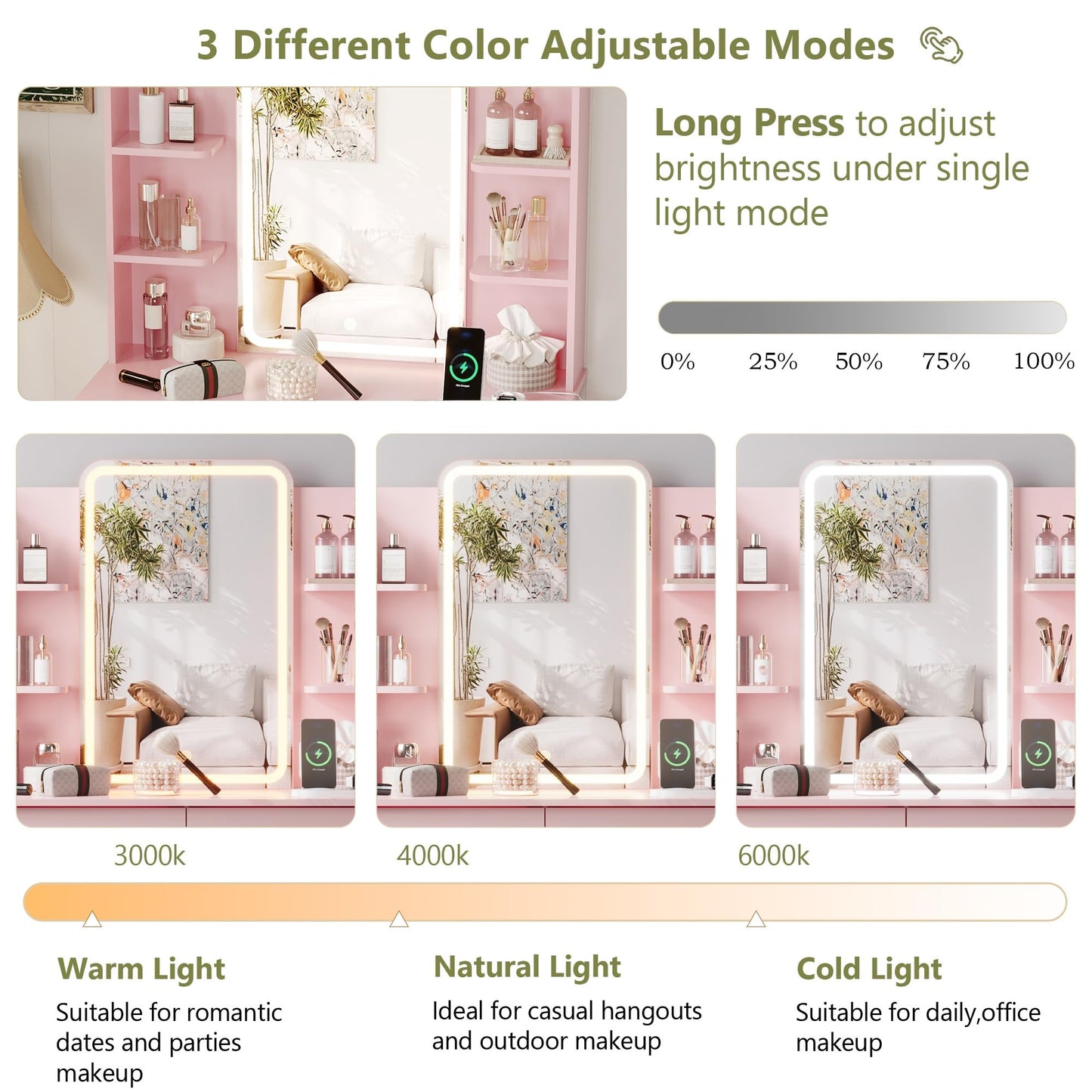 Small Vanity Desk with Mirror and Lights, Makeup Vanity with LED Lights, Pink Vanity Mirror with Lighted Desk and Chair, 3 Lighting Adjustable Compact Dressing Table with Mirror for Women, Girls