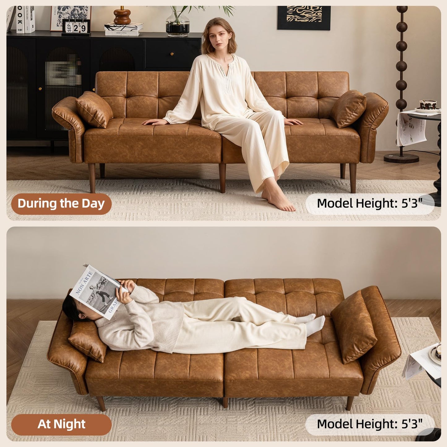 HALLYBEE 85” Futon Sofa Bed, Sleeper Sofa, Small Couch with Storage Adjustable Armrests Pillows, Faux Leather Loveseat, Mid Century Modern Couches for Living Room, Bedroom, Apartment, Brown