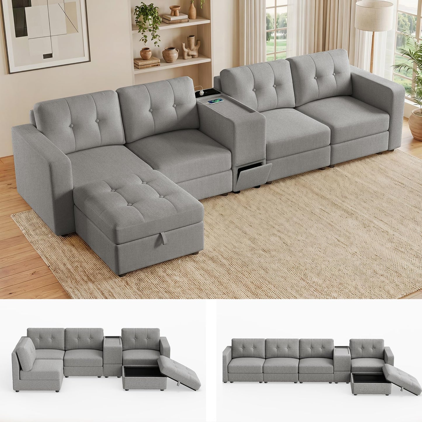 Furnimart 140" Oversized Modular Sectional Sofa with Power Outlets & USB Ports, Storage Console & Ottoman, Deep Seat Chenille Sectional Couch for Living Room, Wood Frame, Grey