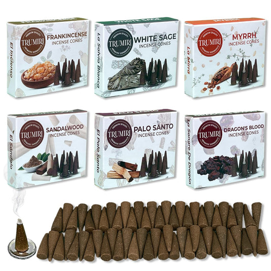 Trumiri Woody Incense Cones - Variety Pack - Total 60 Cone Incense (6 Scents x 10 Conos) - White Sage, Palo Santo, Dragons Blood, Sandalwood - Inscents-Cones Scented - Insense Cones - Incent Cone