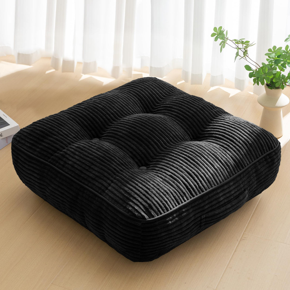 HIGOGOGO 6" Extra Thick Floor Pillow Cushion for Adults, Meditation Cushion Pillow, Large Square Floor Sitting, Tufted Corduroy Cover, for Tatami Living Room or Yoga, 22x22 Inch, Black