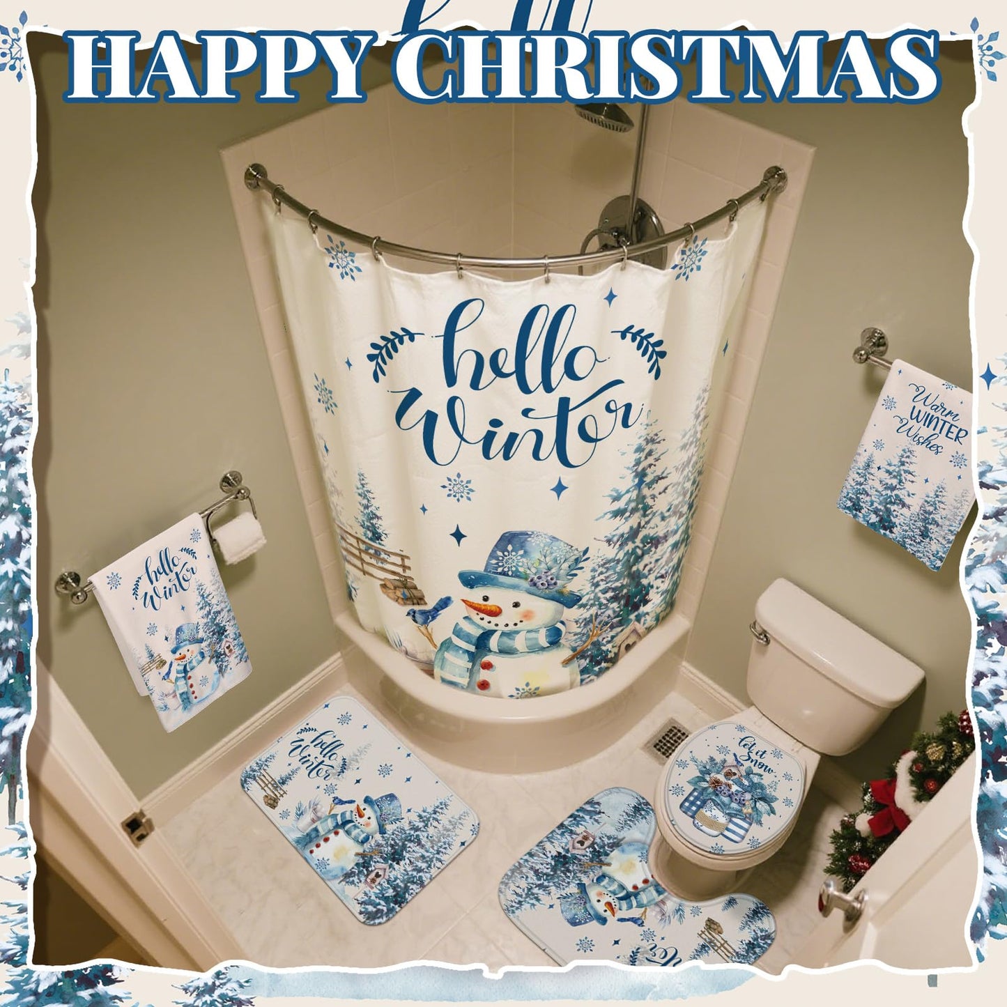 Tranqun 8 Pcs Winter Shower Curtain Set Towels Mat Toilet Lid Cover Hook