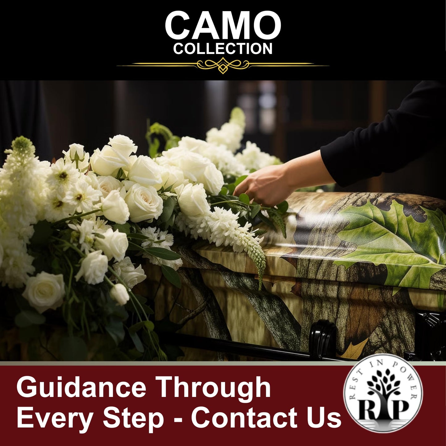 Rest In Power Premium Camo Burial Casket for Humans – Elegant Caskets and Burial Coffins for Adults with Lush Comfort Plus Interior (Green)