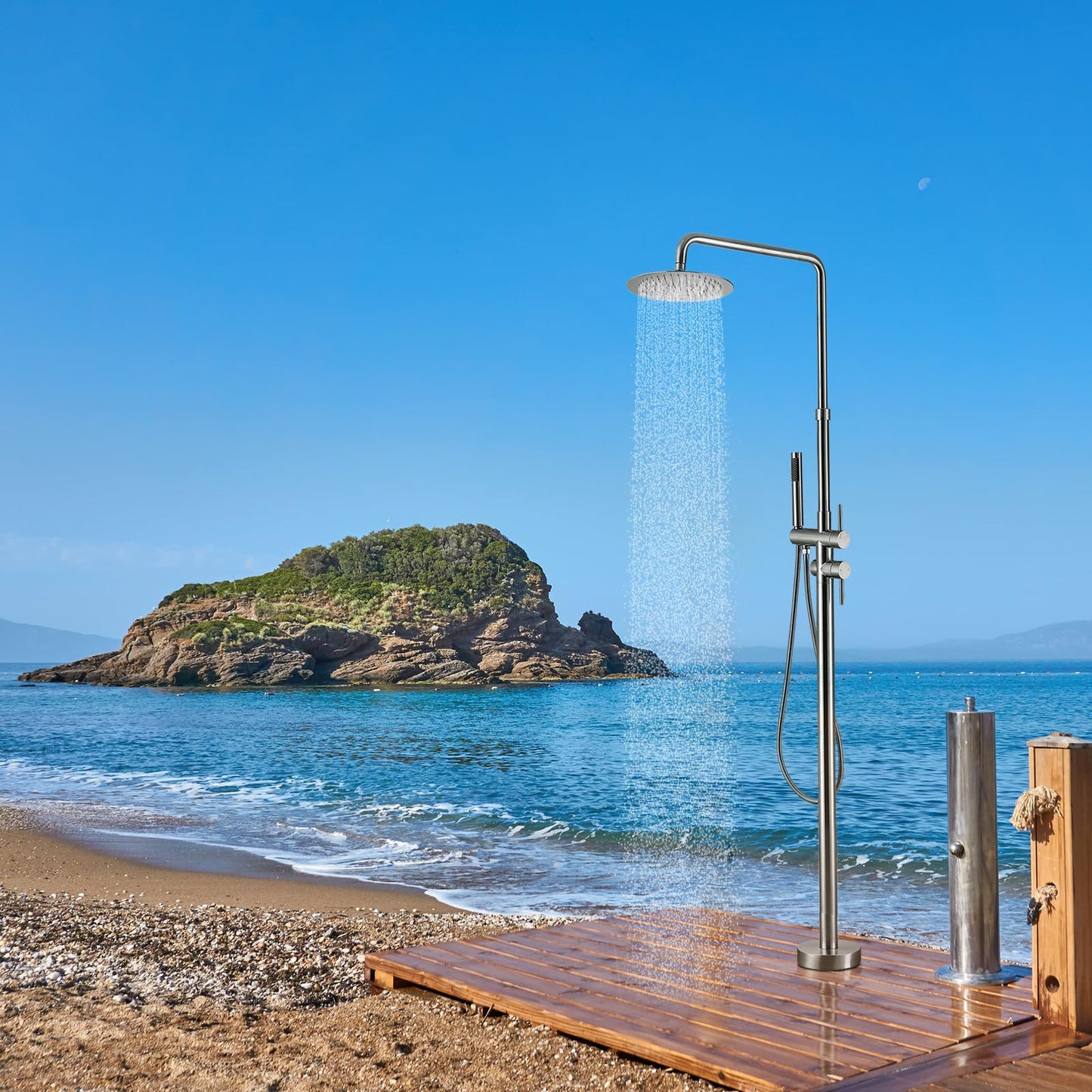 RBROHANT Freestanding Outdoor Shower Nickel, Height Adjustable Outside Showers for Backyard Garden Pool Beach, Outdoor Shower Fixtures with 10” Rain Shower Head and Handheld, Brushed Nickel, JK0317