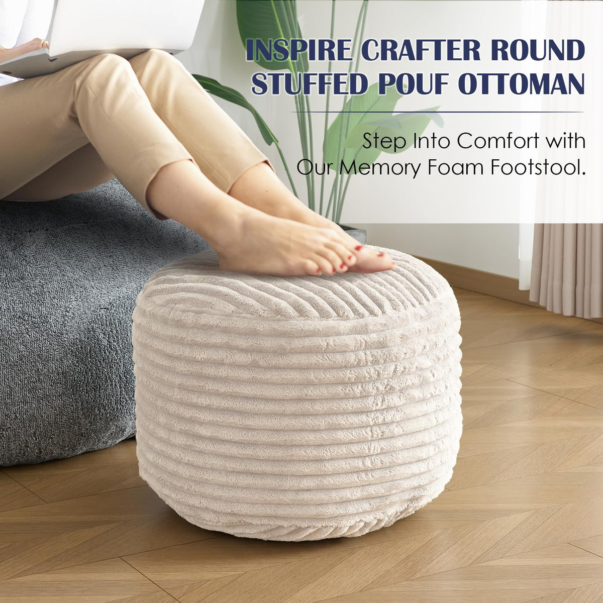 INSPIRE CRAFTER Round Pouf Ottoman,Corduroy Foot Rest,Beige,20x15 in