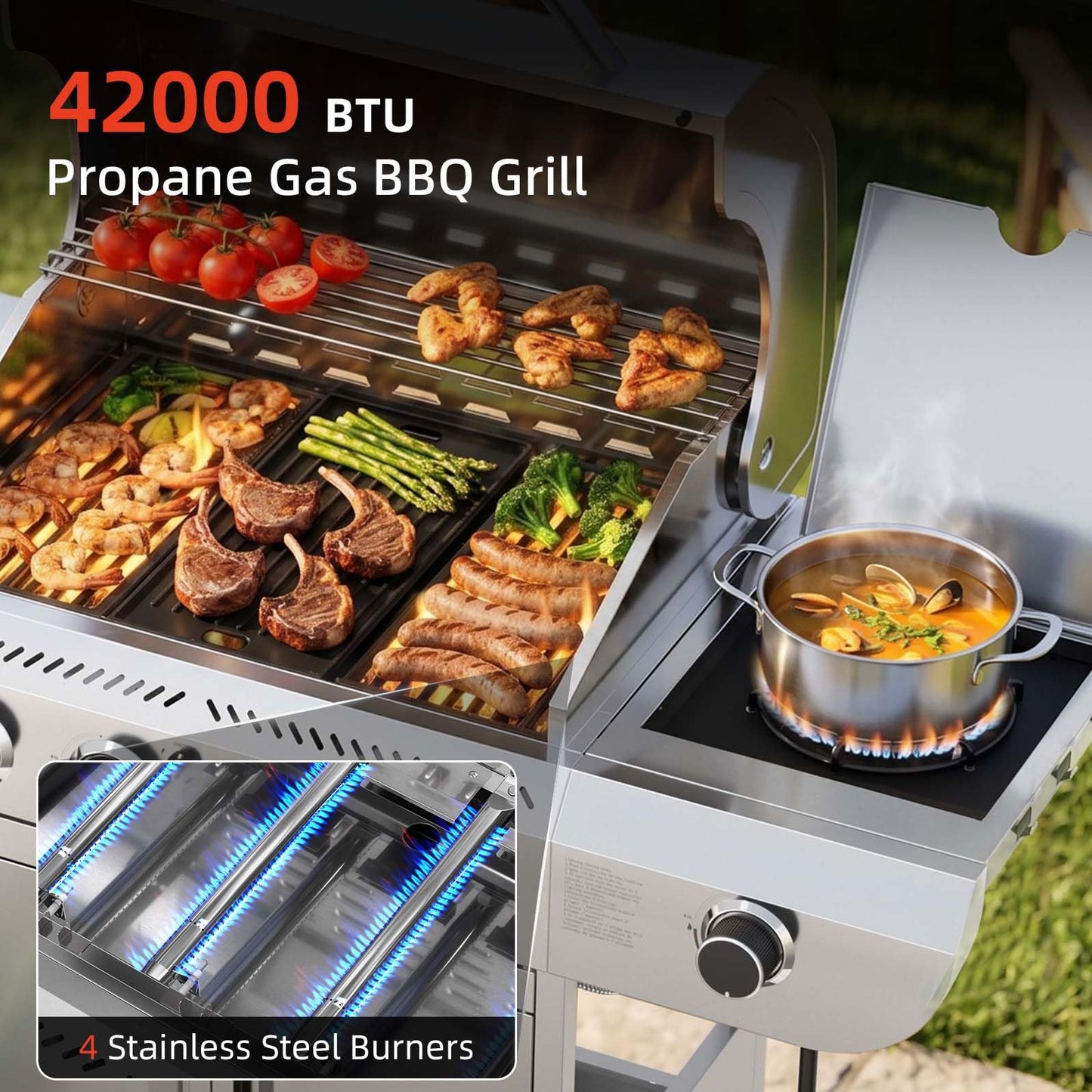 COWSAR 4-Burner Gas Grill, 42000 BTU BBQ Grill, Stainless Steel Barbecue Grill with Side Burner, Enameled Cast Iron Grill, Pull-Out Oil Tray, Suitable For Outdoor, Backyard Barbecues