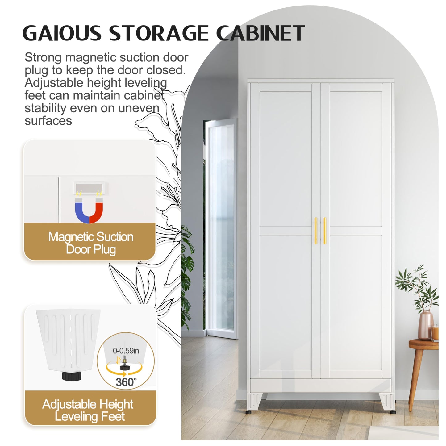 GAIOUS 71" Tall Metal Storage Cabinet with 2 Doors and 4 Adjustable Shelves, Kitchen Pantry Cabinet White Freestanding Cupboard, 5 Tier Multifunctional Steel Storage for Office, Kitchen, Dining Room