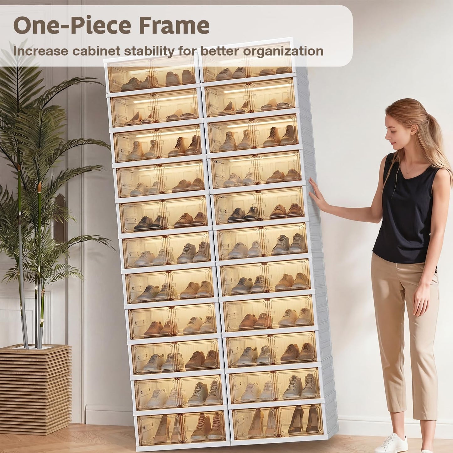 Danrelax 10-Tier Foldable Shoe Rack Organizer, 40 Pairs Stackable & Collapsible Shoe Cabinet with Transparent Doors & Leather Handles, Space-Saving Storage for Closet, Kitchen, Cabinet (No Boots Tier)