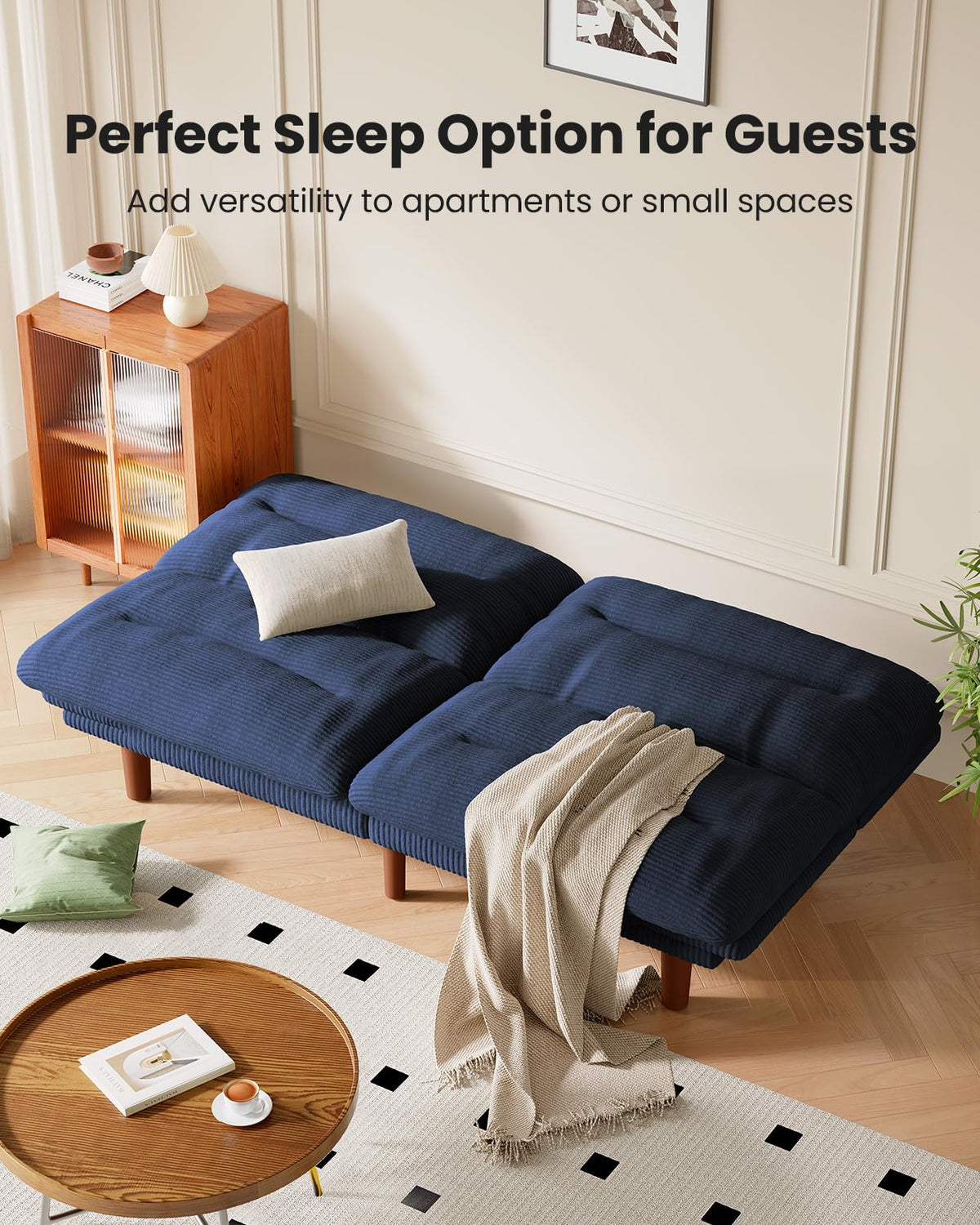 Amada 66 inch Convertible Corduroy Futon Sofa Bed, Blue
