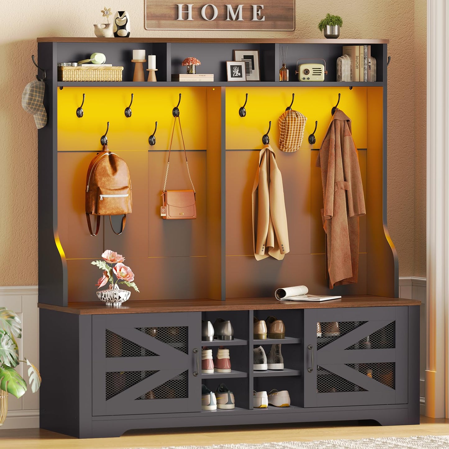 Itaar Hall Tree with Bench and Shoe Storage, 5-in-1 Entryway Bench with Coat Rack, 16 Shoe Cubbies & 12 Coat Hooks, Barn Door & Adjustable Shelf (Black)
