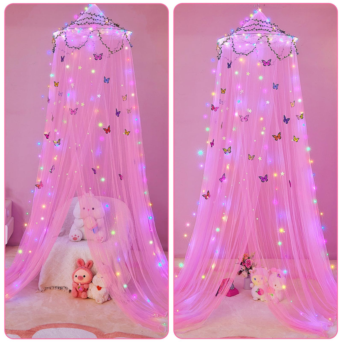 FIOBEE Bed Canopy for Girls Room with LED Light Kids Toddler Bedroom Decor