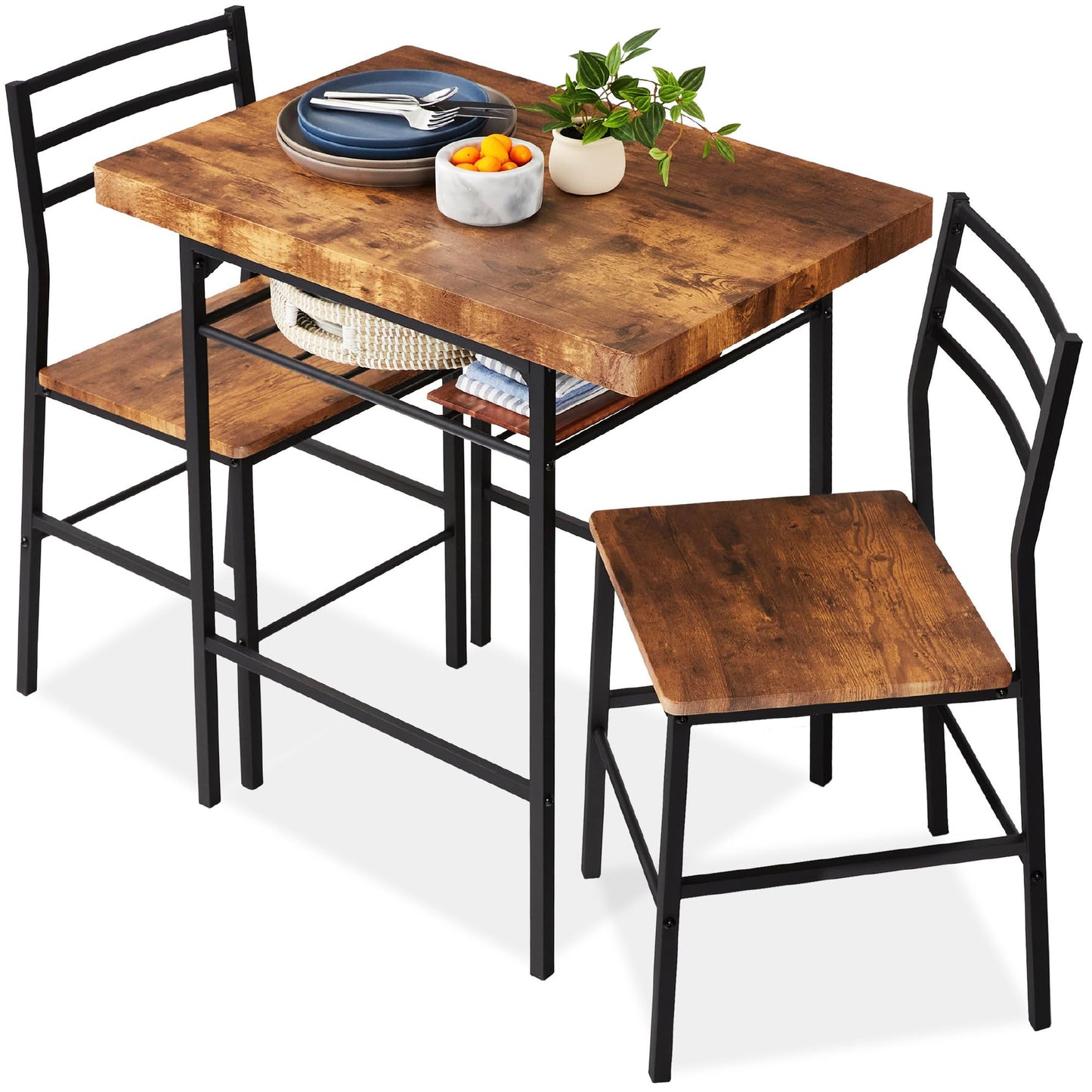 Best Choice Products 3-Piece Modern Dining Set, Space Saving Dinette for Kitchen, Dining Room, Small Space w/Steel Frame, Built-in Storage Rack - Medium Brown/Black