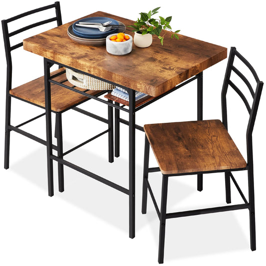 Best Choice Products 3-Piece Modern Dining Set, Space Saving Dinette for Kitchen, Dining Room, Small Space w/Steel Frame, Built-in Storage Rack - Medium Brown/Black
