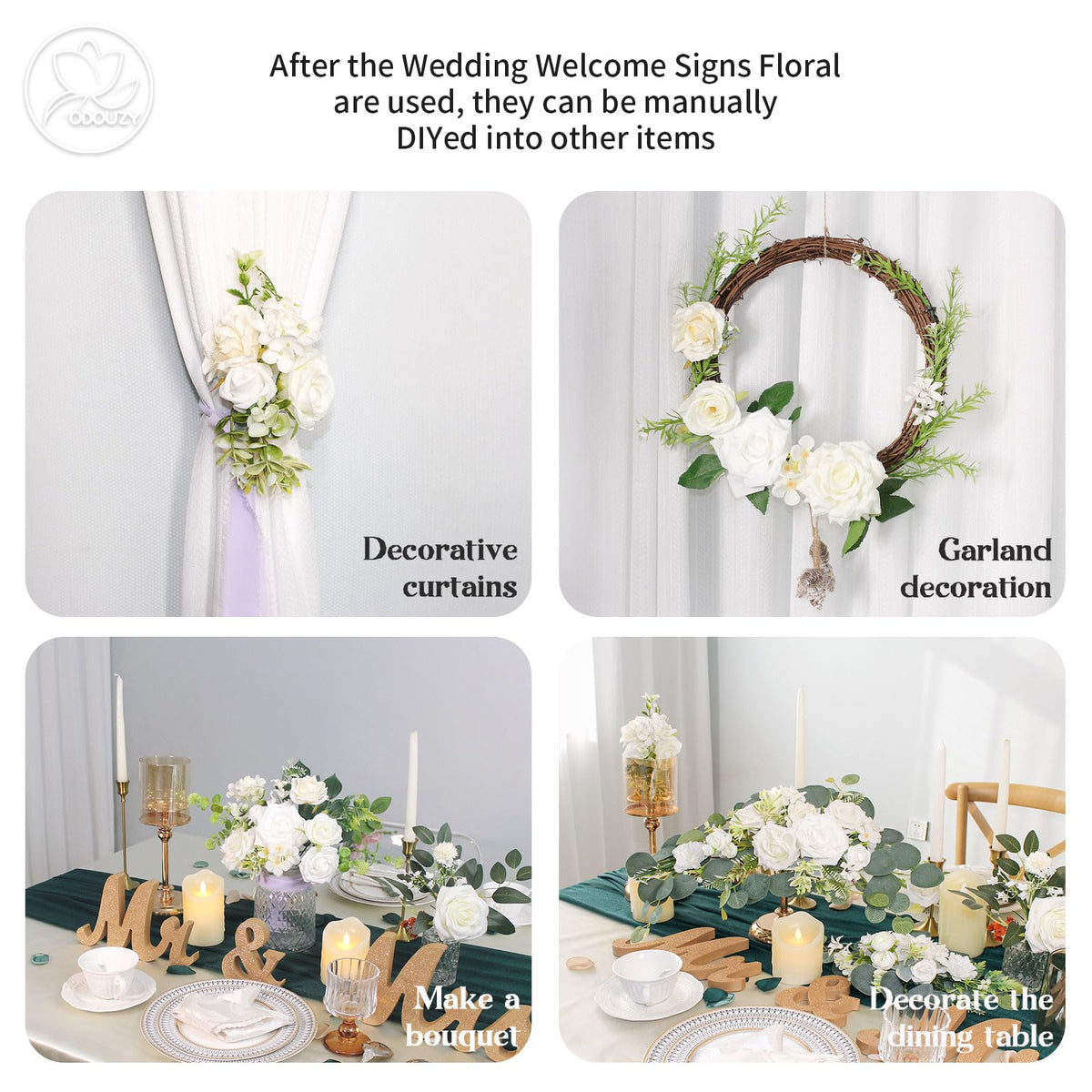 Odouzy Artificial Wedding Arch Flowers for Wedding Sign,Set of 2 for Welcome Ceremony Sign,Faux Floral Swags,Wedding, Banquet and Reception Backdrop Floral Decoration (White)