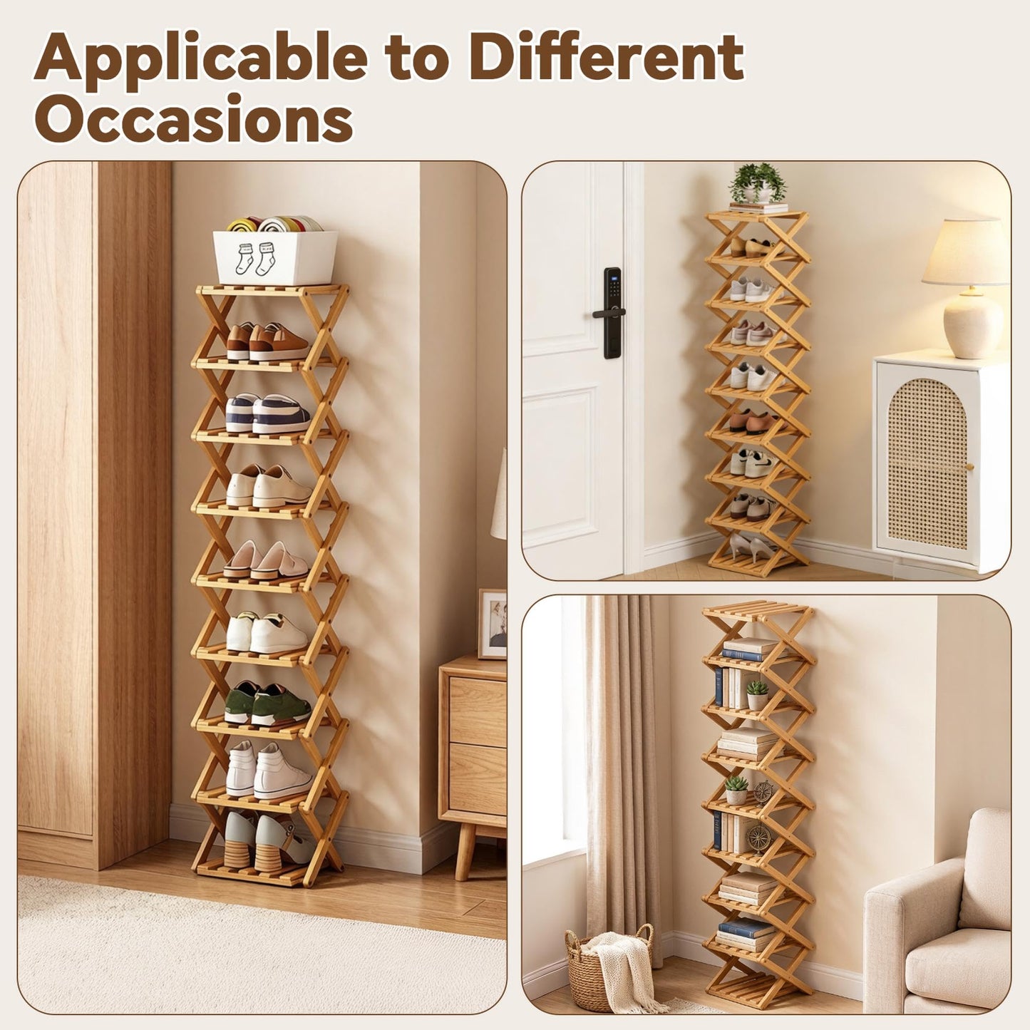 9 Tier Bamboo Shoe Rack, Foldable Narrow Shoe Organizer, Space Saving Vertical Shoe Storage Shelf Tower, No Assembly Eco-Friendly Wooden Shoe Rack for Closet & Entryway, Small Spaces (Bamboo, 9)