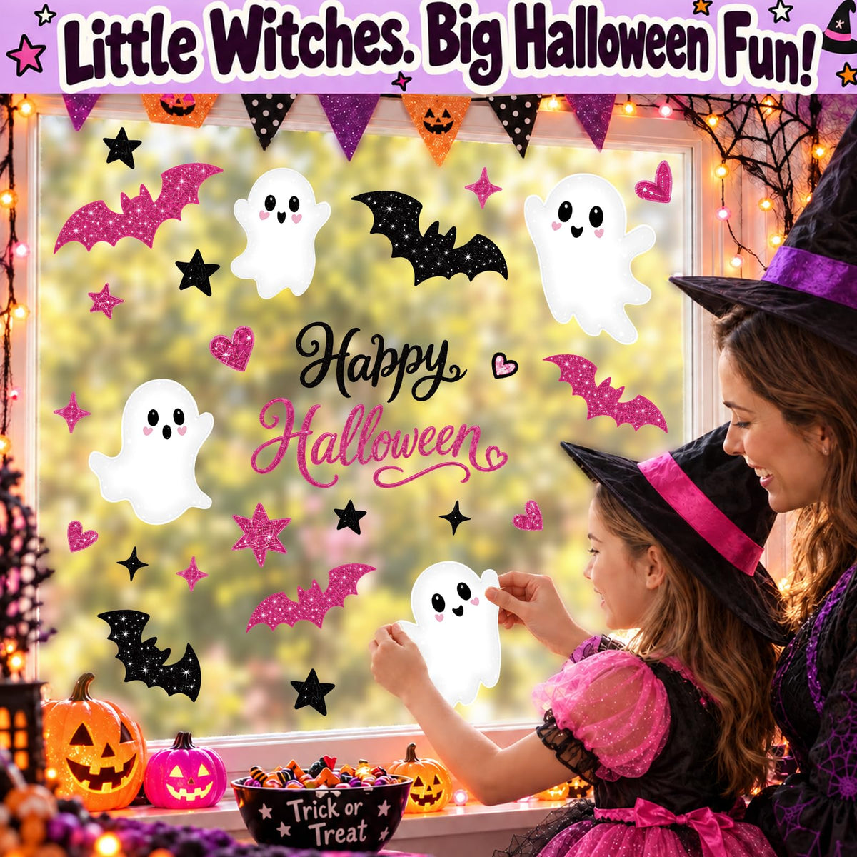 Pink Halloween Window Clings Decor Cute Ghost Stickers Decorations for Kids
