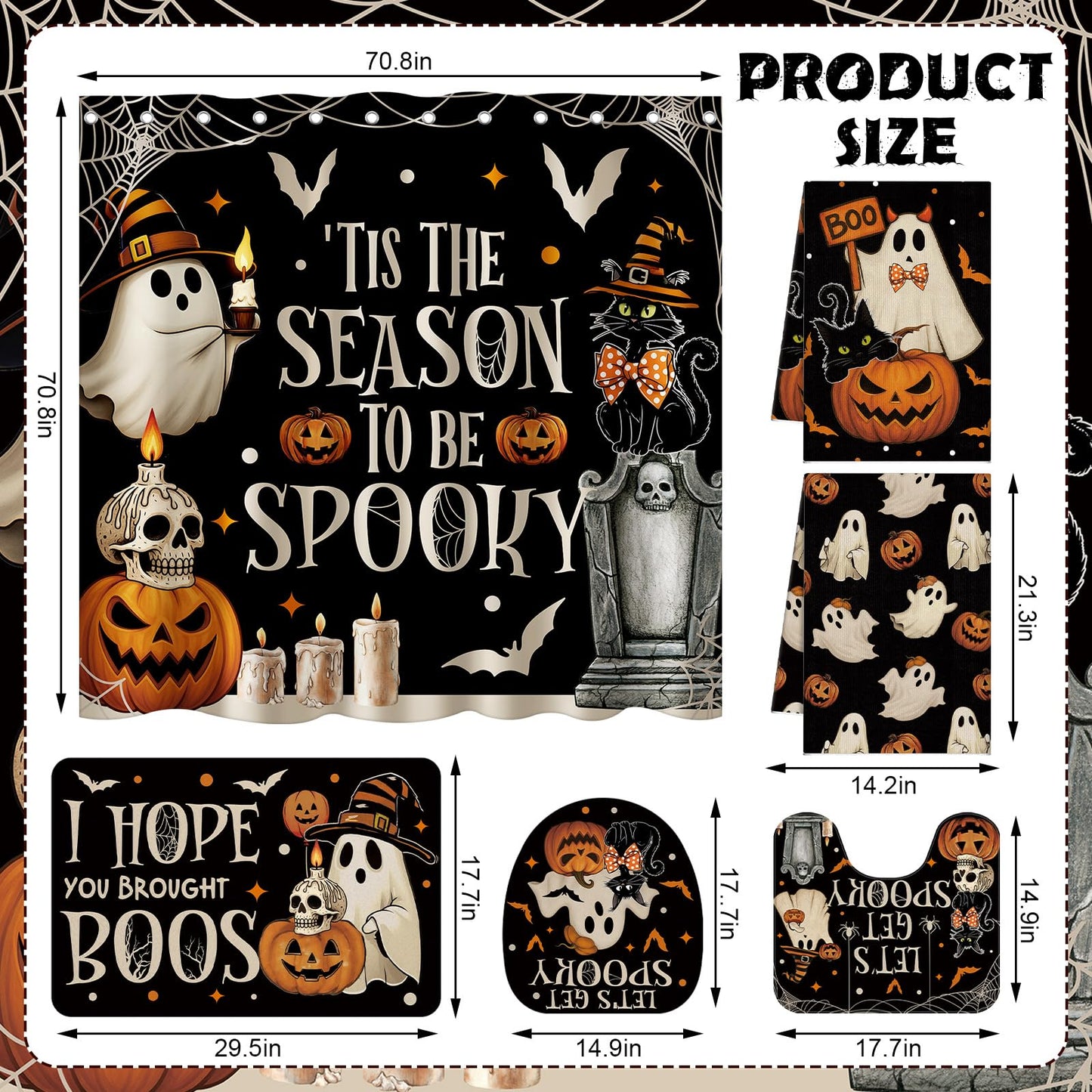 HunnmingRe 6 Pcs Halloween Bathroom Decor, Spooky Ghost Shower Curtain Sets