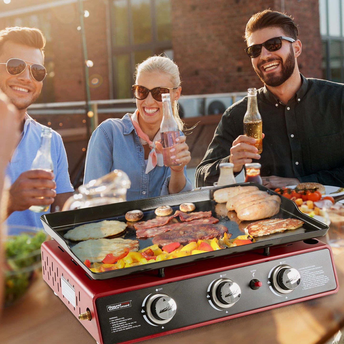 Royal Gourmet PD1301R 3 Burner Tabletop Propane Gas Griddle with Cover, 24 Inch Portable Griddle with 25,500 BTUs Output for Outdoor Cooking While Camping or Tailgating, Red