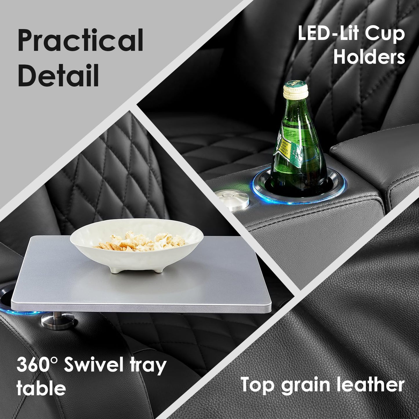 PBRO Home Theater Seating Genuine Leather Recliner Chair, Power Reclining & Headrest, USB A/C Charging Ports, Tray Table, Cup Holder Ambient Lighting Black 2 Set